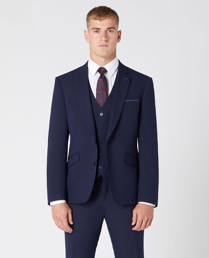 Man wearing a navy Tapered Fit Stretch Mix and Match Suit