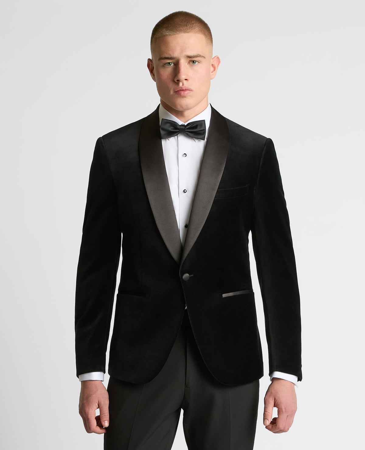 Man wearing a black Slim Fit Velvet Dinner Jacket