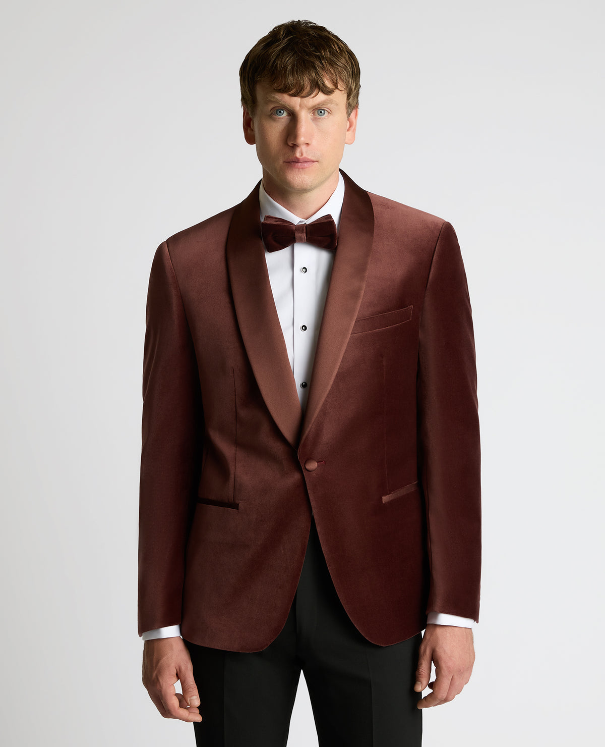 Man wearing a red Slim Fit Velvet Dinner Jacket