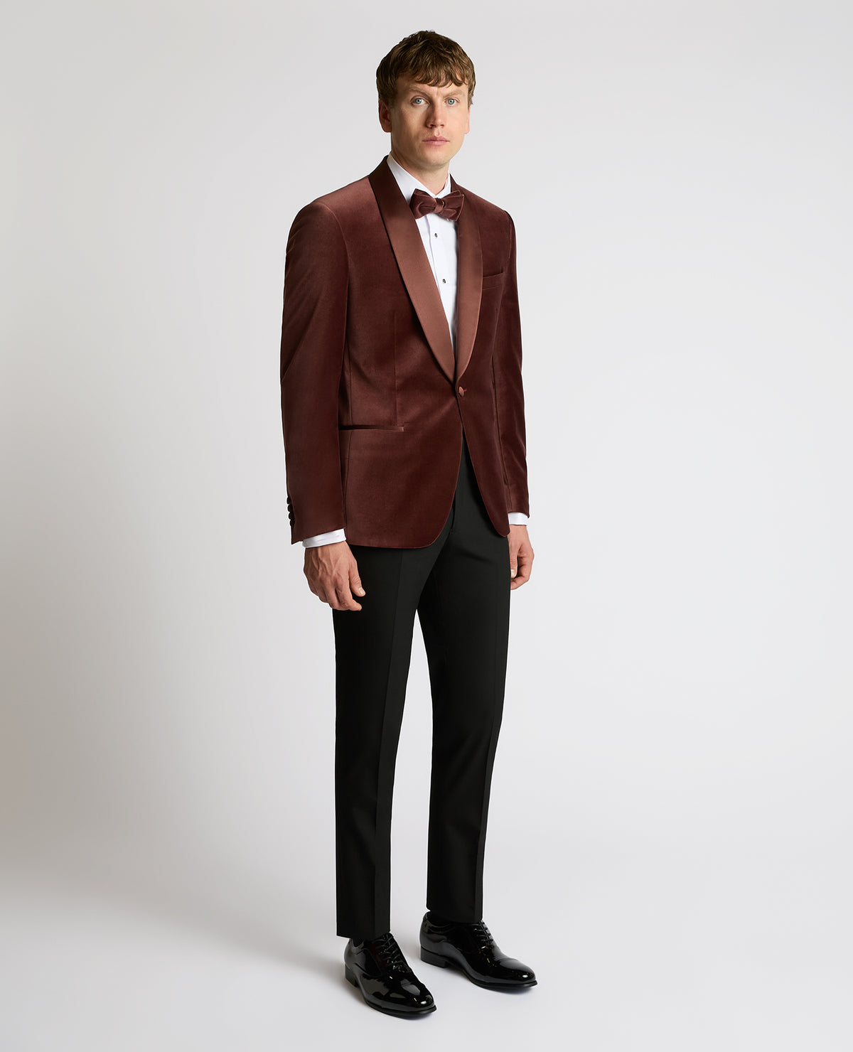 Man wearing a red Slim Fit Velvet Dinner Jacket