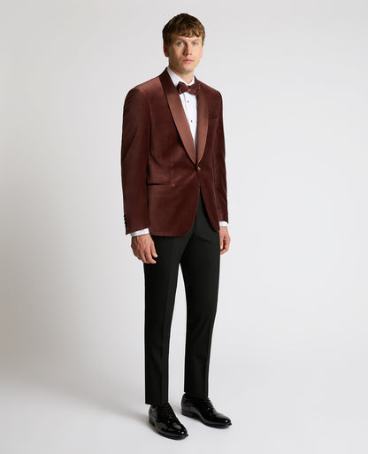 Man wearing a red Slim Fit Velvet Dinner Jacket