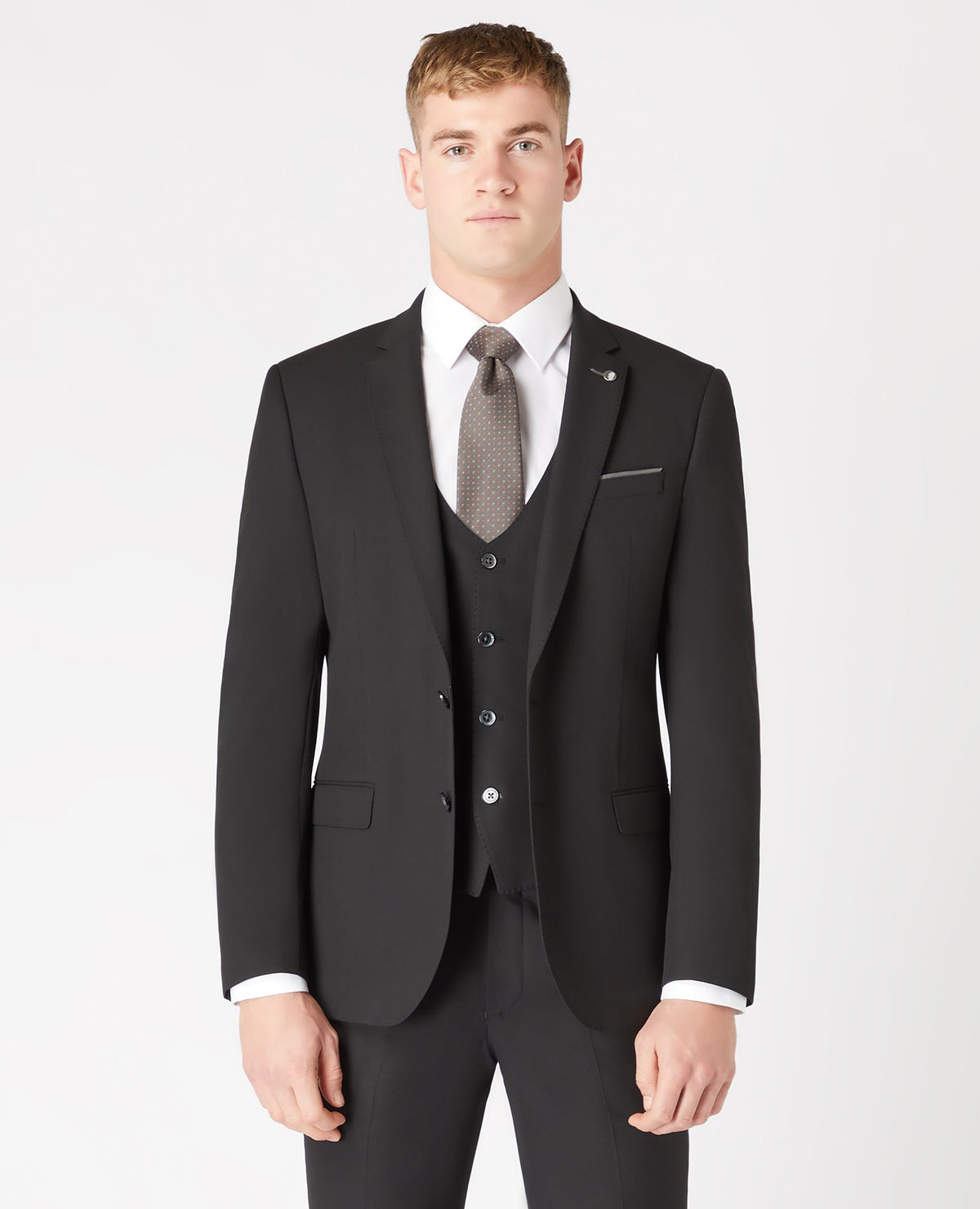 Man wearing a black Slim Fit Stretch Mix and Match Suit