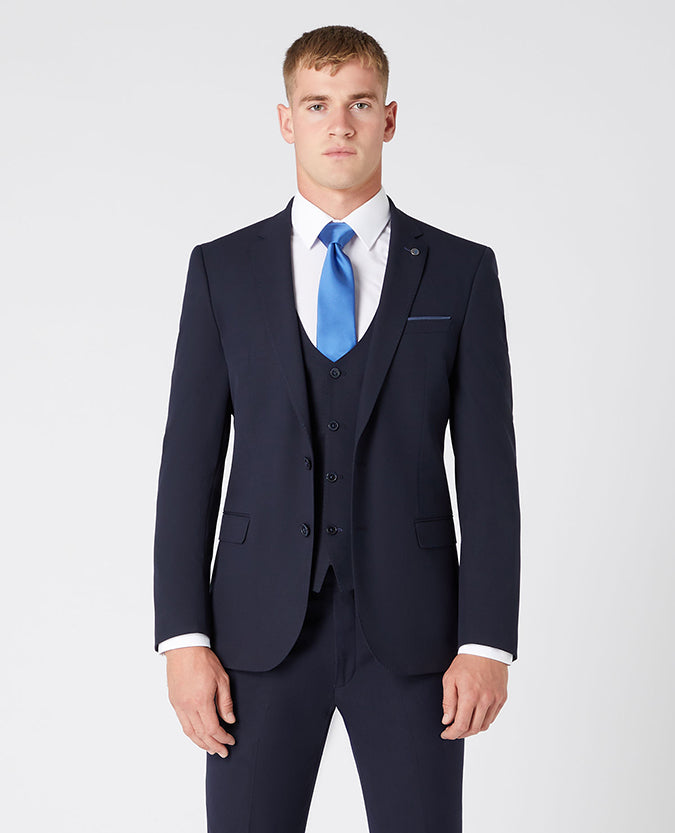 Man wearing a navy Slim Fit Stretch Mix and Match Suit