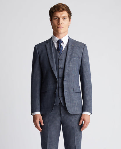 Man wearing a blue Slim Fit Checked Stretch Suit Jacket