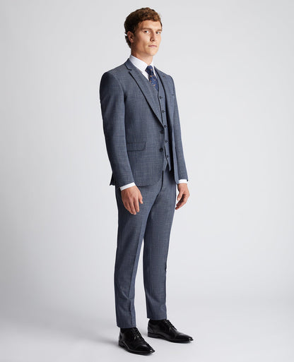Man wearing a blue Slim Fit Checked Stretch Suit Jacket