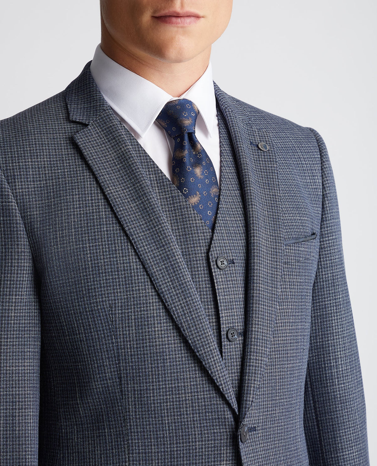 Man wearing a blue Slim Fit Checked Stretch Suit Jacket