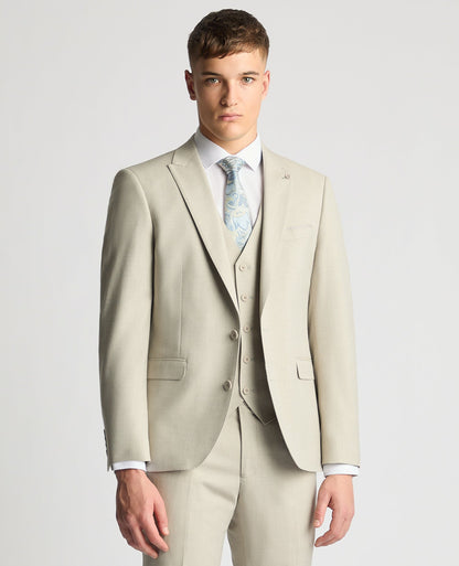 Man wearing a sand Tapered Fit Stretch Suit