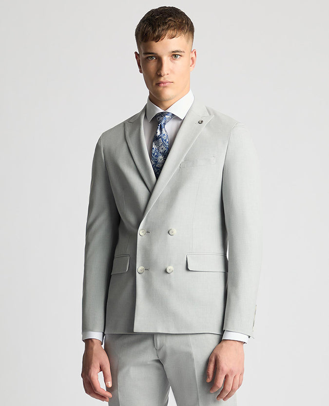 Man wearing a grey Slim Fit Stretch Double Breasted Suit Jacket
