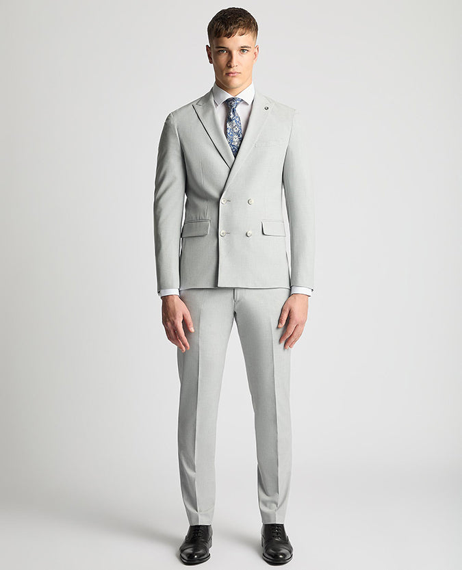 Man wearing a grey Slim Fit Stretch Double Breasted Suit Jacket