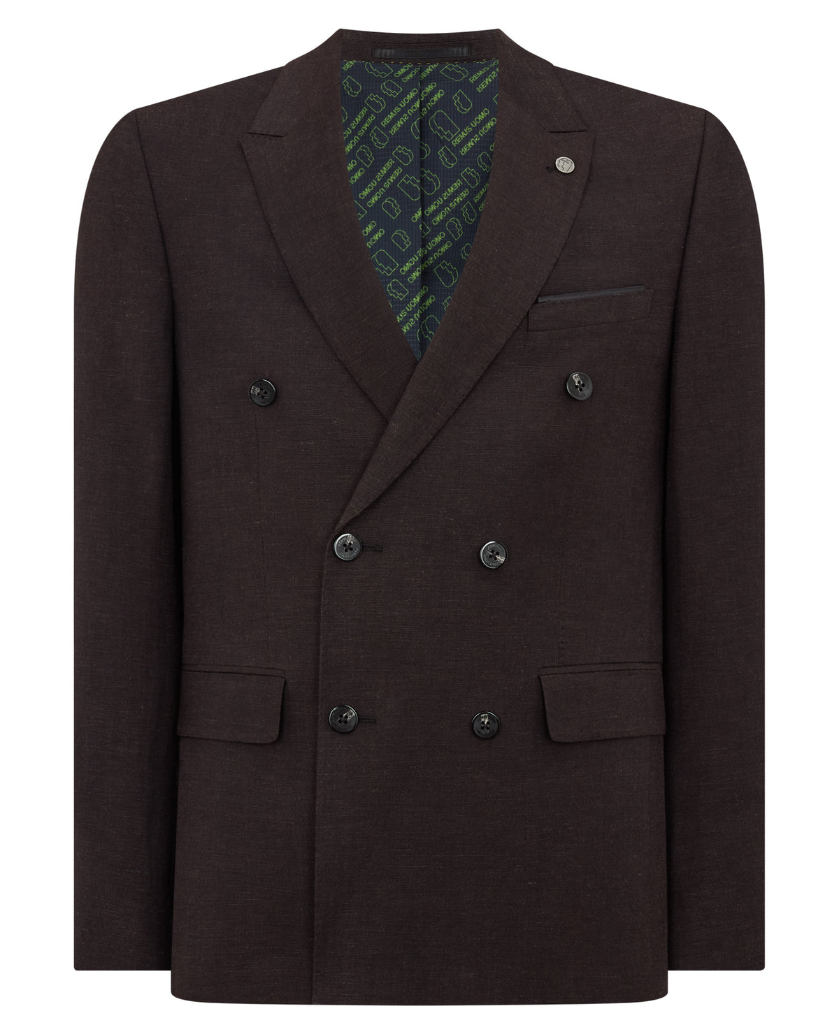 Man wearing a black Slim Fit Double-Breasted Linen-Blend Suit Jacket