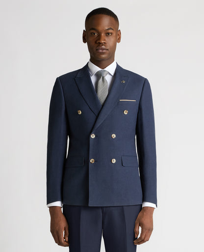 Man wearing a blue Slim Fit Linen-Blend Double Breasted Suit