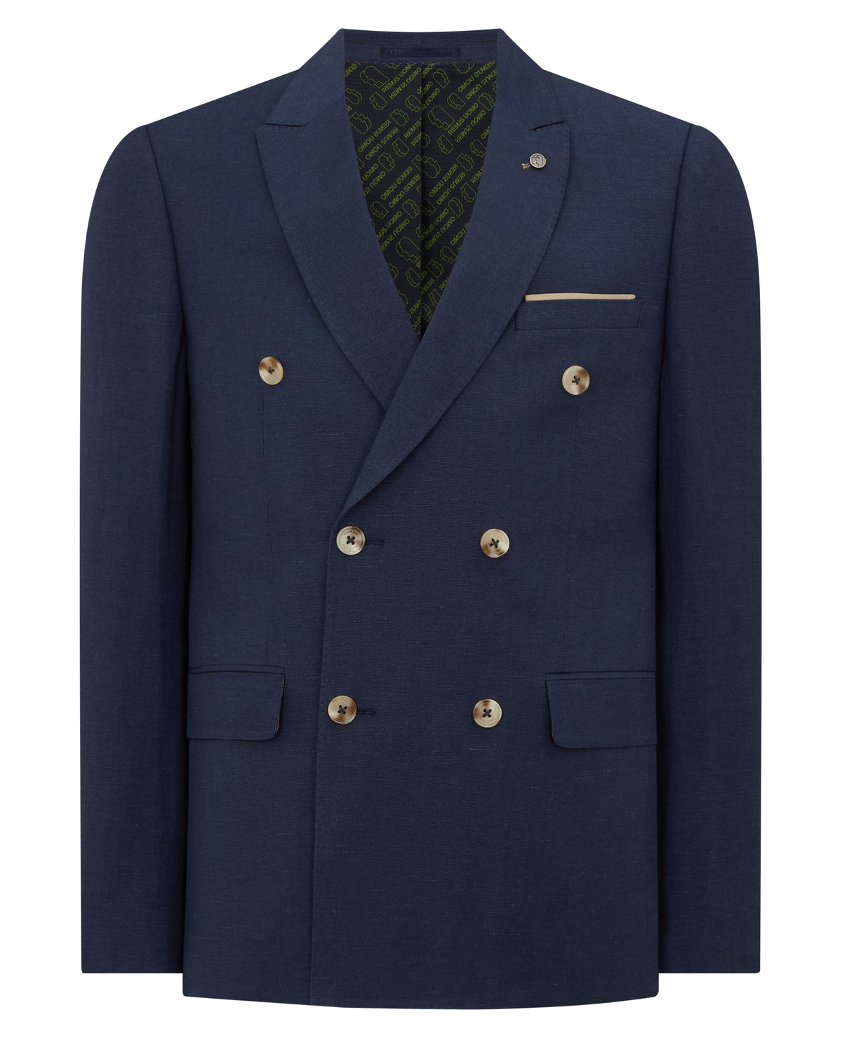 Man wearing a blue Slim Fit Linen-Blend Double Breasted Suit