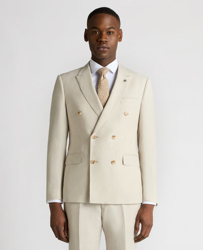 Man wearing a sand Slim Fit Linen-Blend Double Breasted Suit