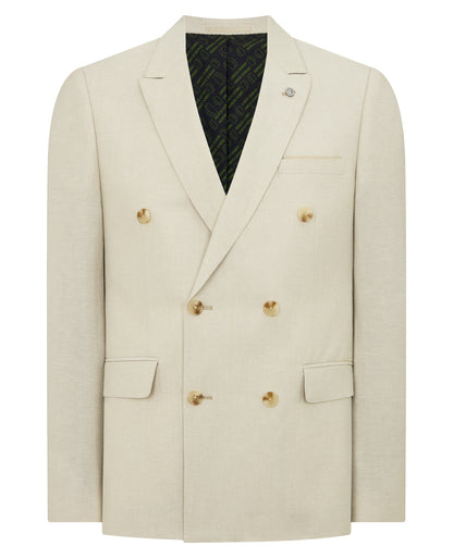 Man wearing a sand Slim Fit Linen-Blend Double Breasted Suit