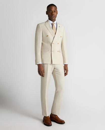 Man wearing a sand Slim Fit Linen-Blend Double Breasted Suit