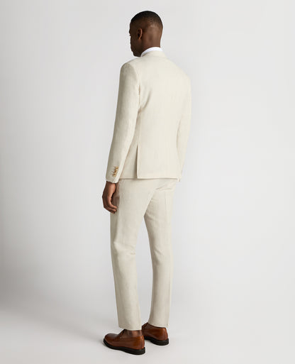 Man wearing a sand Slim Fit Linen-Blend Double Breasted Suit
