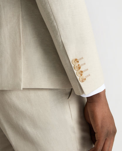 Man wearing a sand Slim Fit Linen-Blend Double Breasted Suit