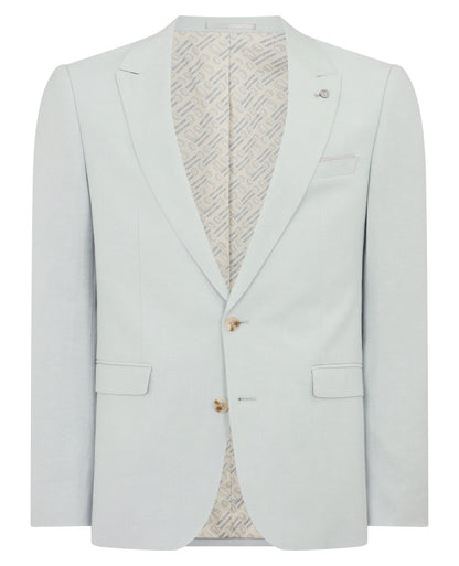 Man wearing a blue Slim Fit Linen-Blend Suit Jacket