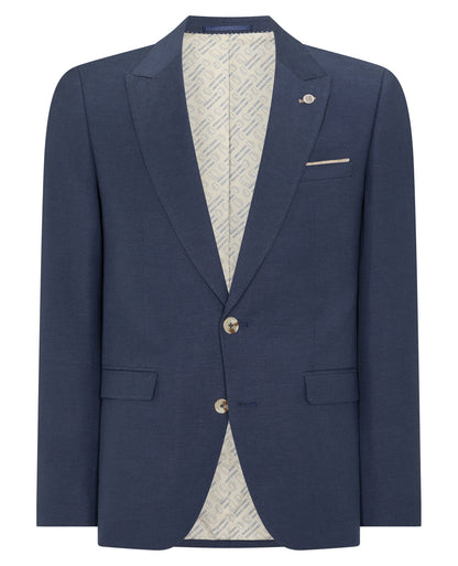 Man wearing a blue Slim Fit Linen-Blend Suit