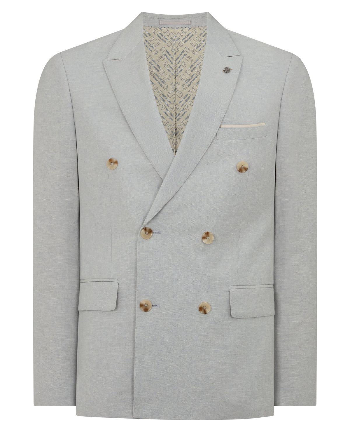 Man wearing a blue Slim Fit Linen-Blend Double Breasted Suit