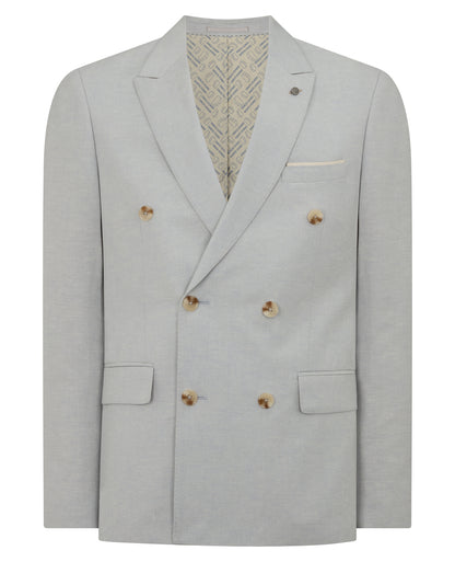 Man wearing a blue Slim Fit Linen-Blend Double Breasted Suit