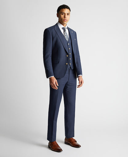 Man wearing a blue Tapered Fit Linen-Blend Suit