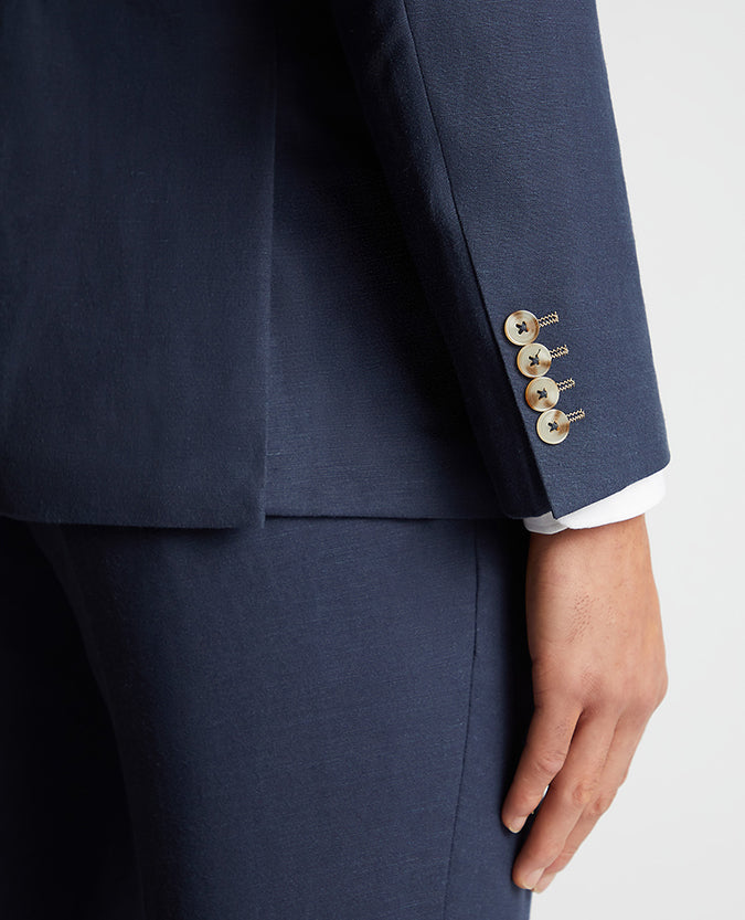 Man wearing a blue Tapered Fit Linen-Blend Suit