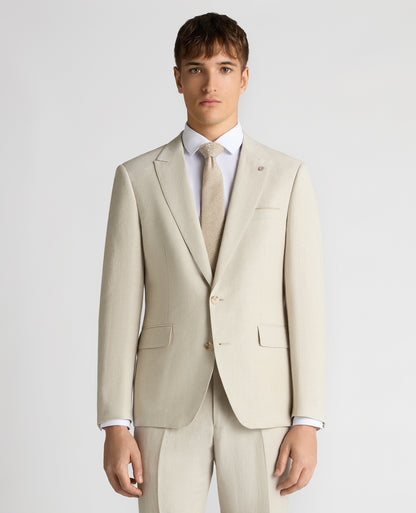 Man wearing a sand Tapered Fit Linen-Blend Suit Jacket