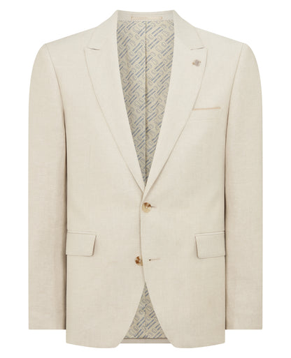 Man wearing a sand Tapered Fit Linen-Blend Suit Jacket