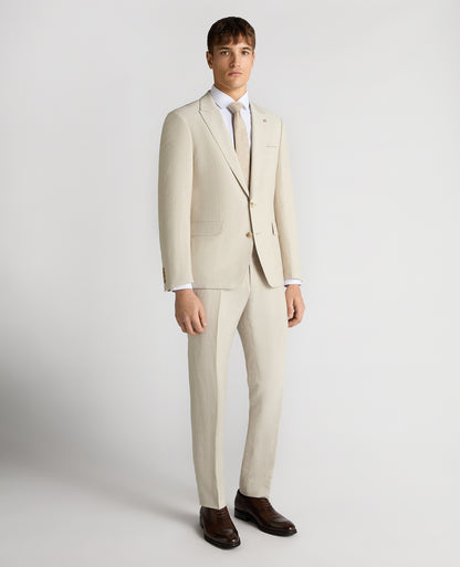 Man wearing a sand Tapered Fit Linen-Blend Suit Jacket