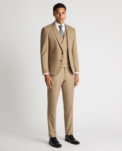 Man wearing a sand Slim Fit Stretch Suit Jacket