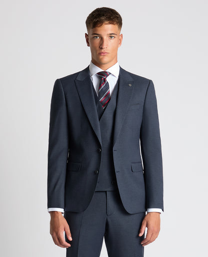 Man wearing a blue Slim Fit Checked Stretch Suit Jacket