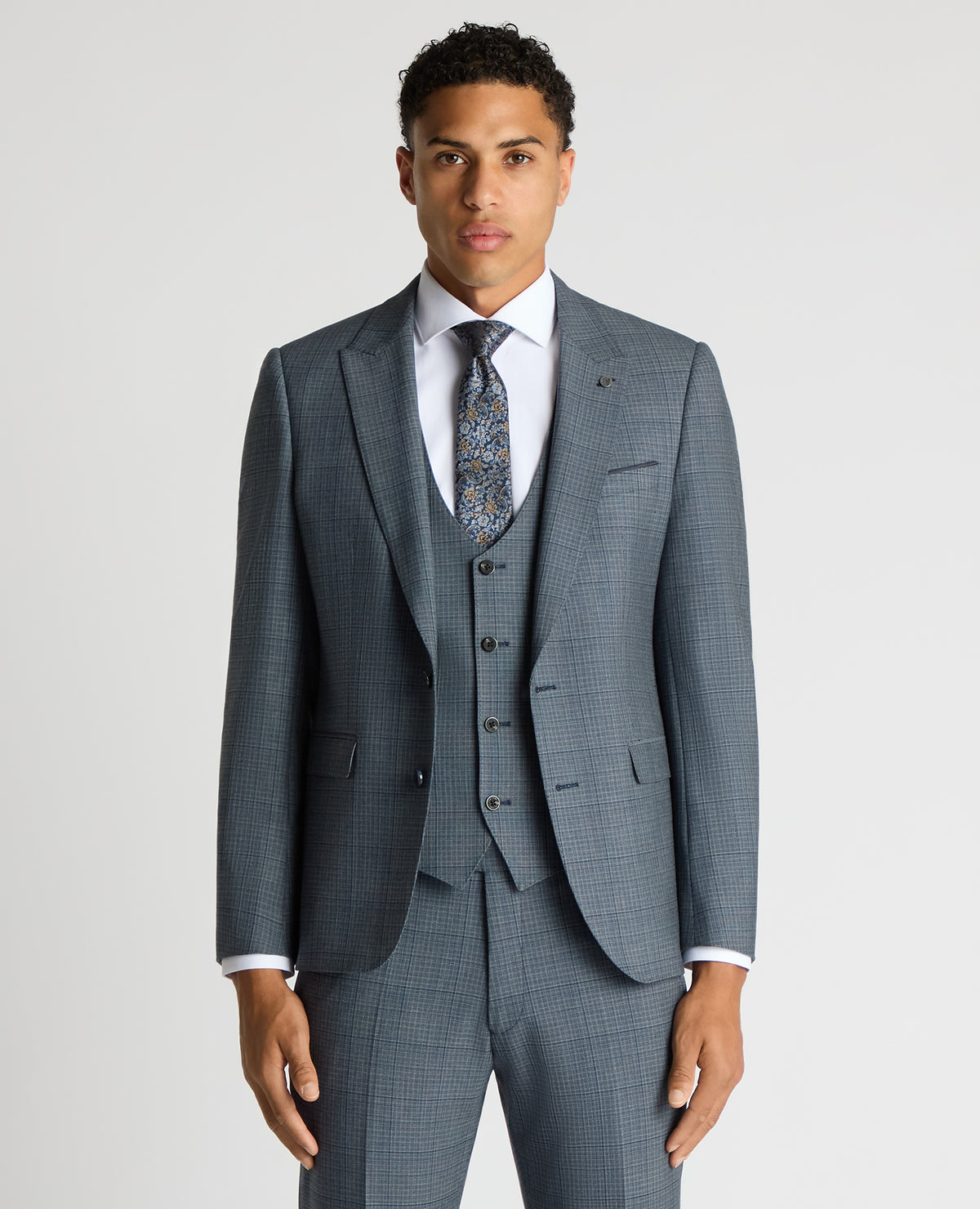 Man wearing a blue Slim Fit Checked Stretch Suit Jacket