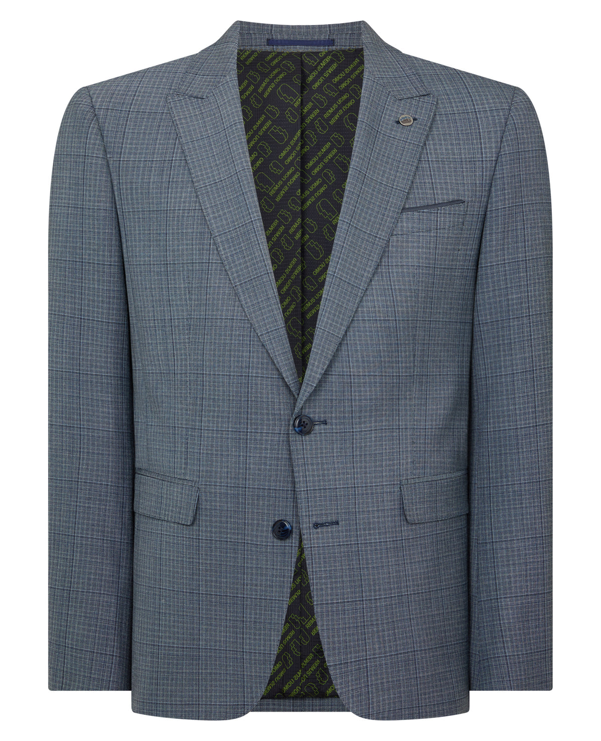 Man wearing a blue Slim Fit Checked Stretch Suit Jacket