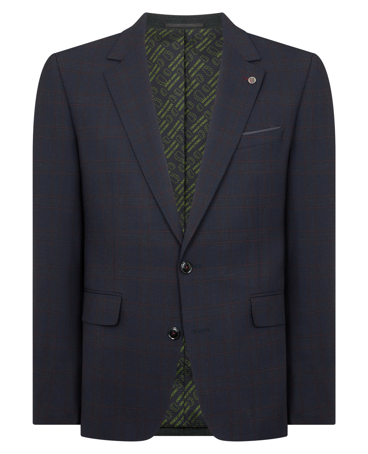 Man wearing a navy Slim Fit Checked Stretch Suit