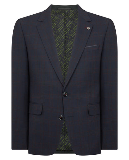 Man wearing a navy Slim Fit Checked Stretch Suit
