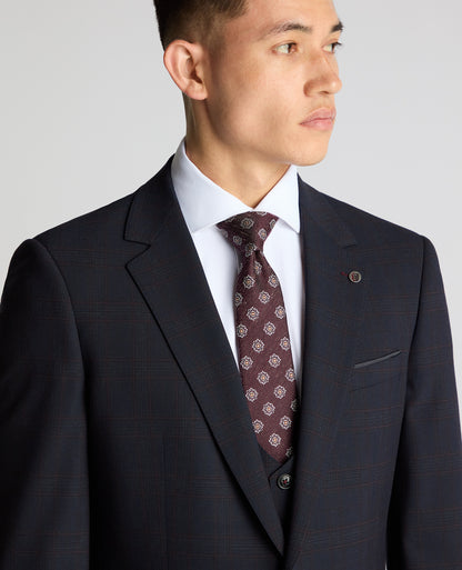 Man wearing a navy Slim Fit Checked Stretch Suit