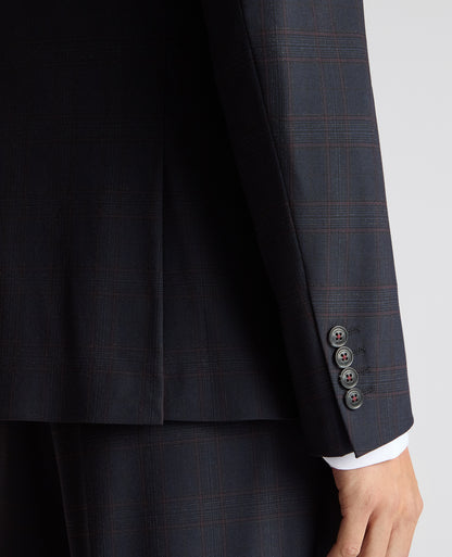 Man wearing a navy Slim Fit Checked Stretch Suit