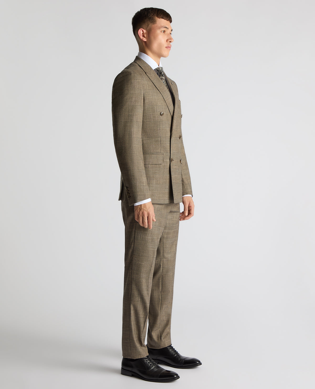 Man wearing a sand Slim Fit Double Breasted Suit Jacket