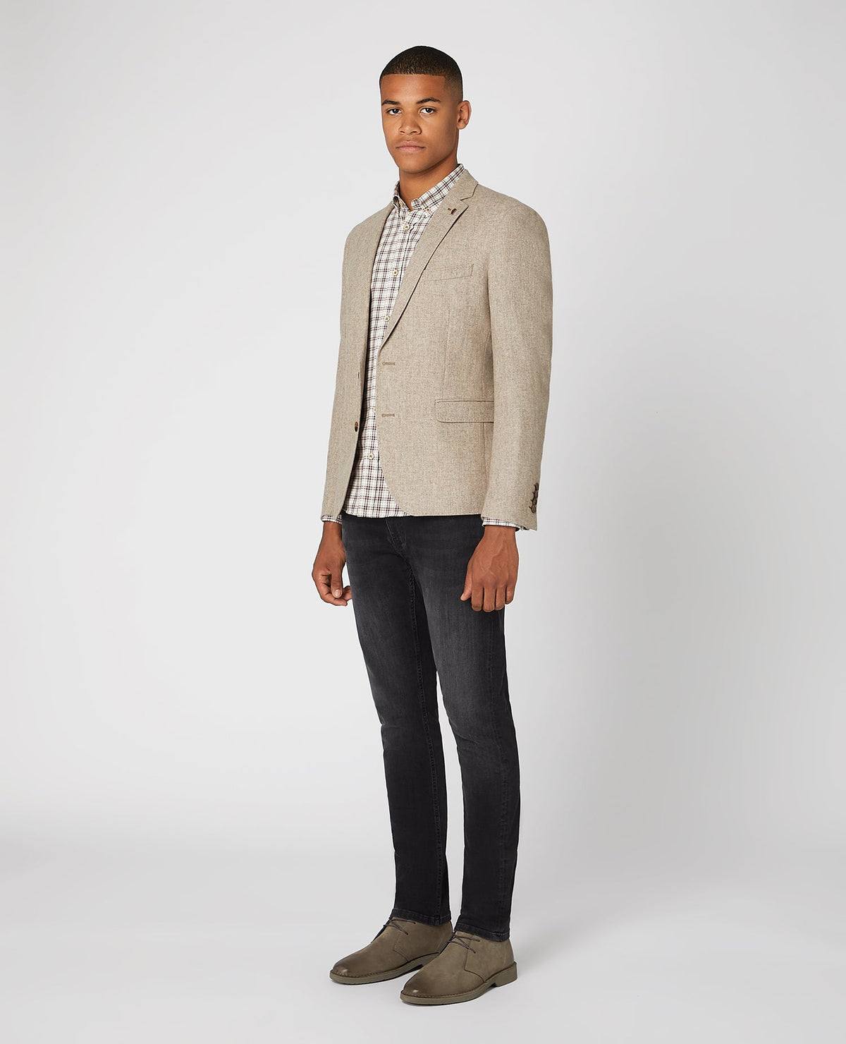 Man wearing a sand Slim Fit Wool Rich Jacket