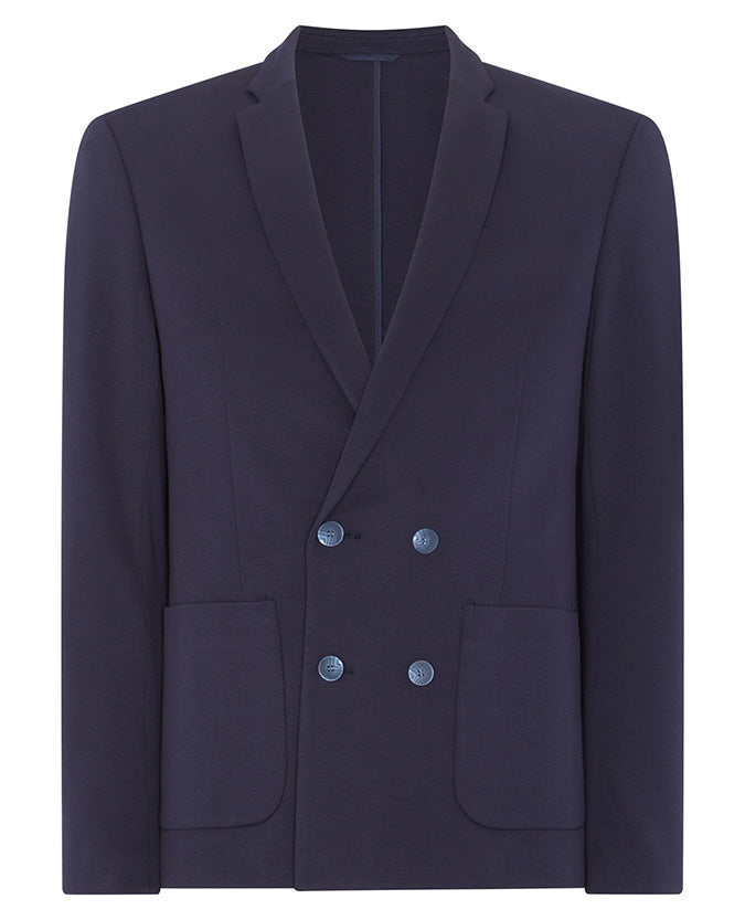 Man wearing a navy Slim Fit Double Breasted Stretch Jersey Jacket