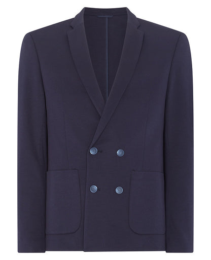 Man wearing a navy Slim Fit Double Breasted Stretch Jersey Jacket