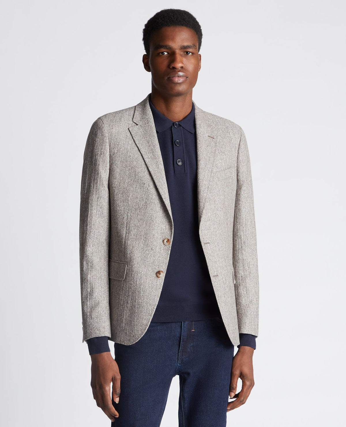 Man wearing a sand Slim Fit Wool Blend Jacket
