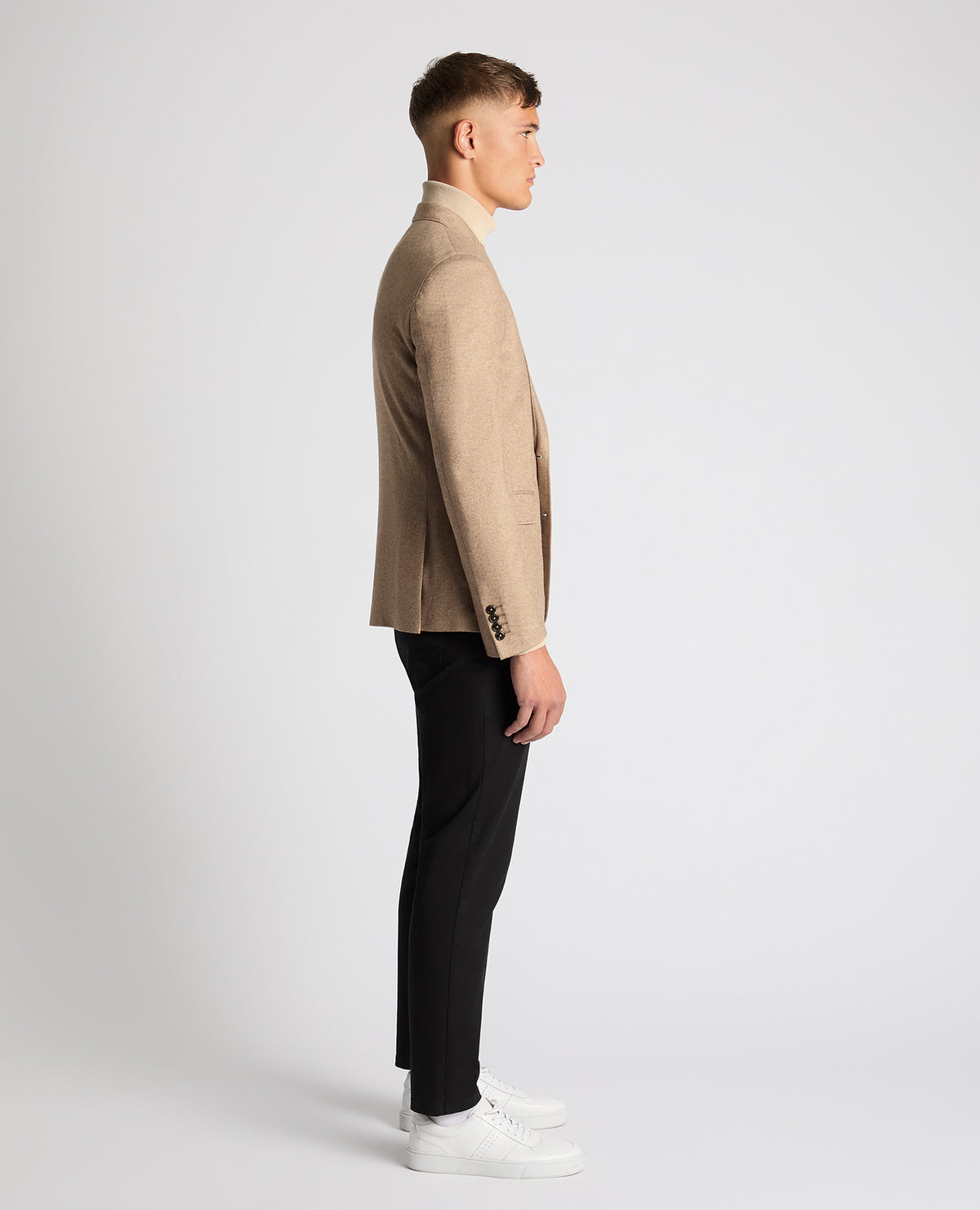 Man wearing a sand Slim Fit Wool Blend Jacket