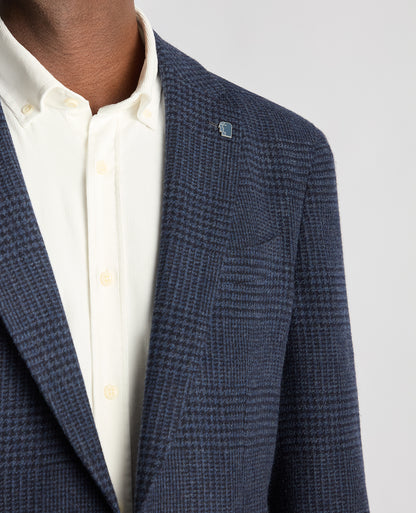 Man wearing a navy Slim Fit Checked Wool Jacket
