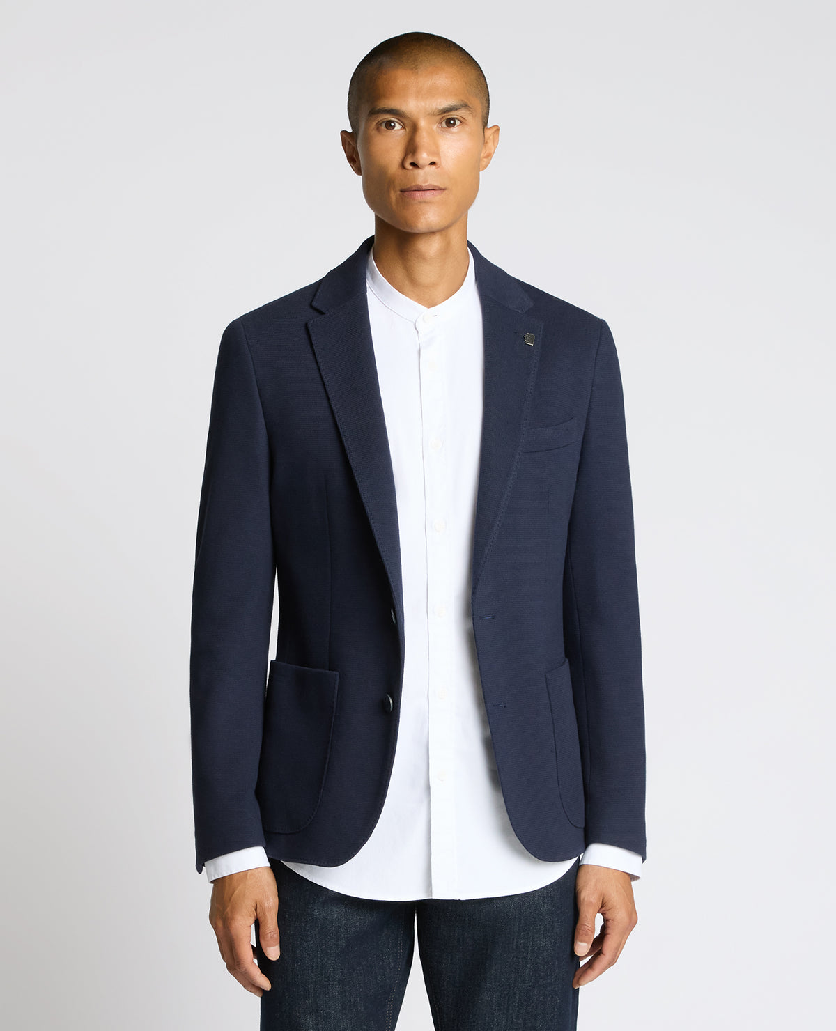 Man wearing a navy Slim Fit Cotton-Blend Antoni Jacket