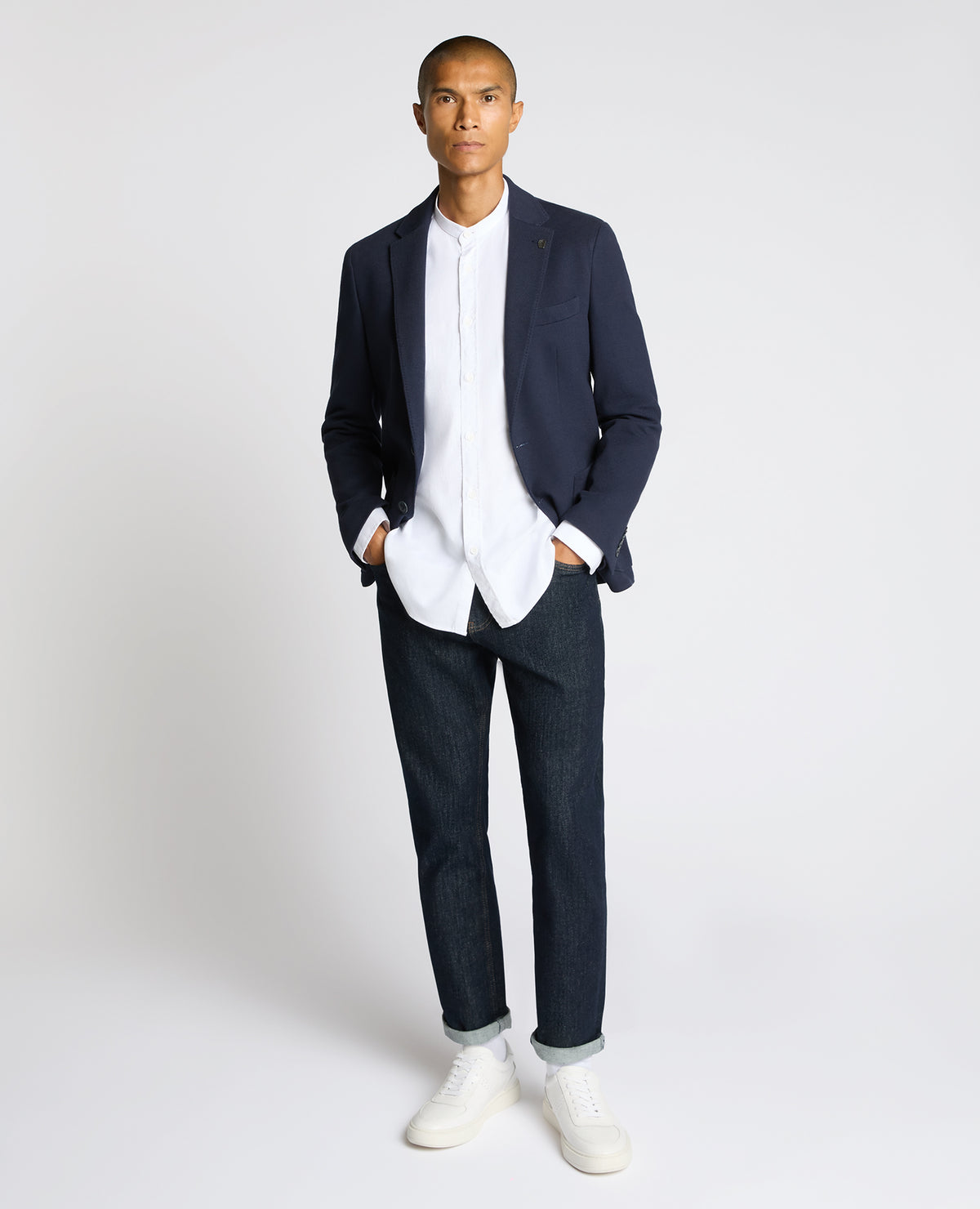 Man wearing a navy Slim Fit Cotton-Blend Antoni Jacket