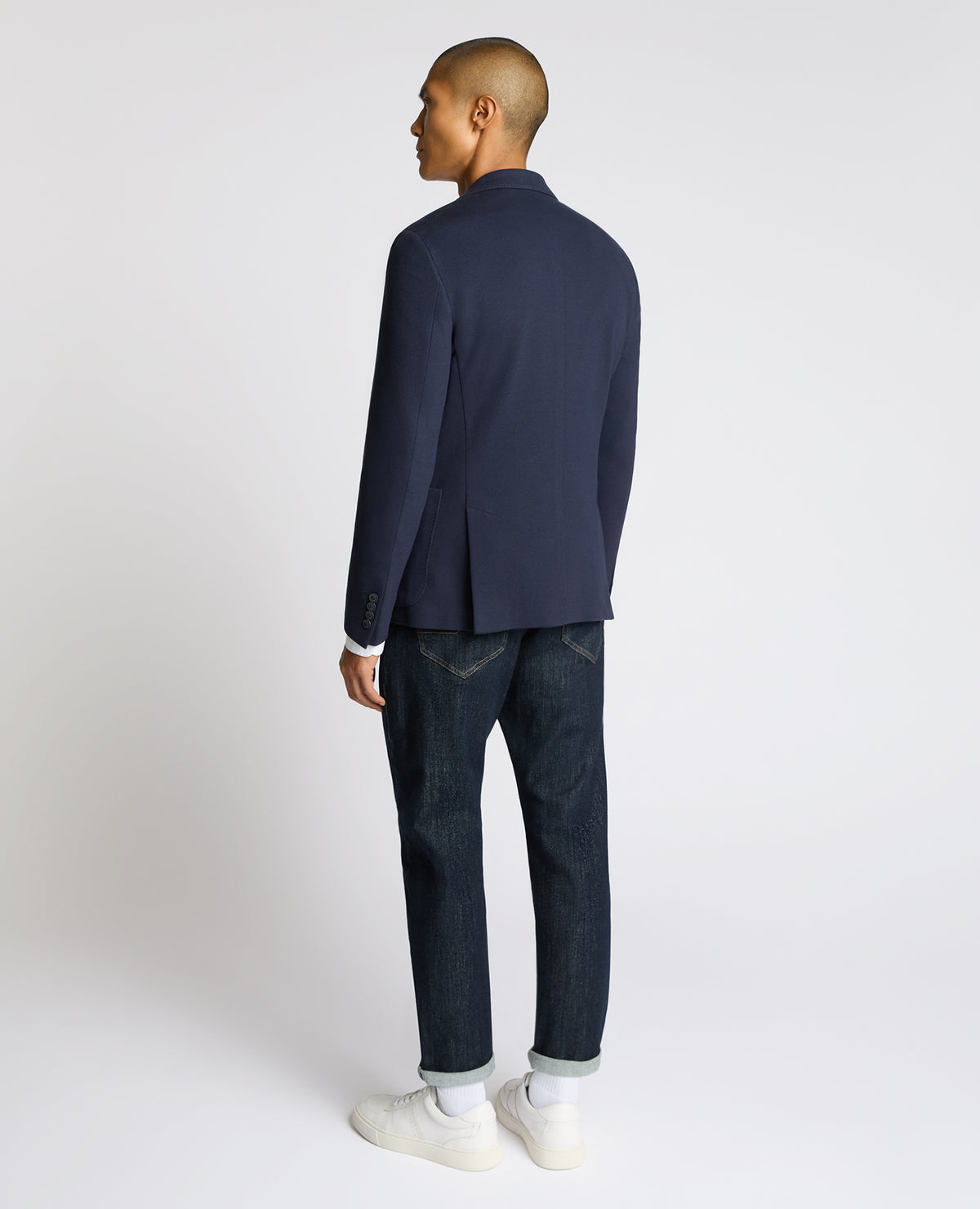 Man wearing a navy Slim Fit Cotton-Blend Antoni Jacket