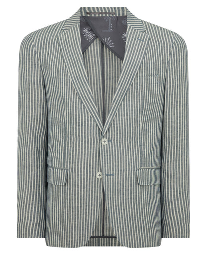 Man wearing a navy Slim Fit Linen-Blend Pinstripe Jacket