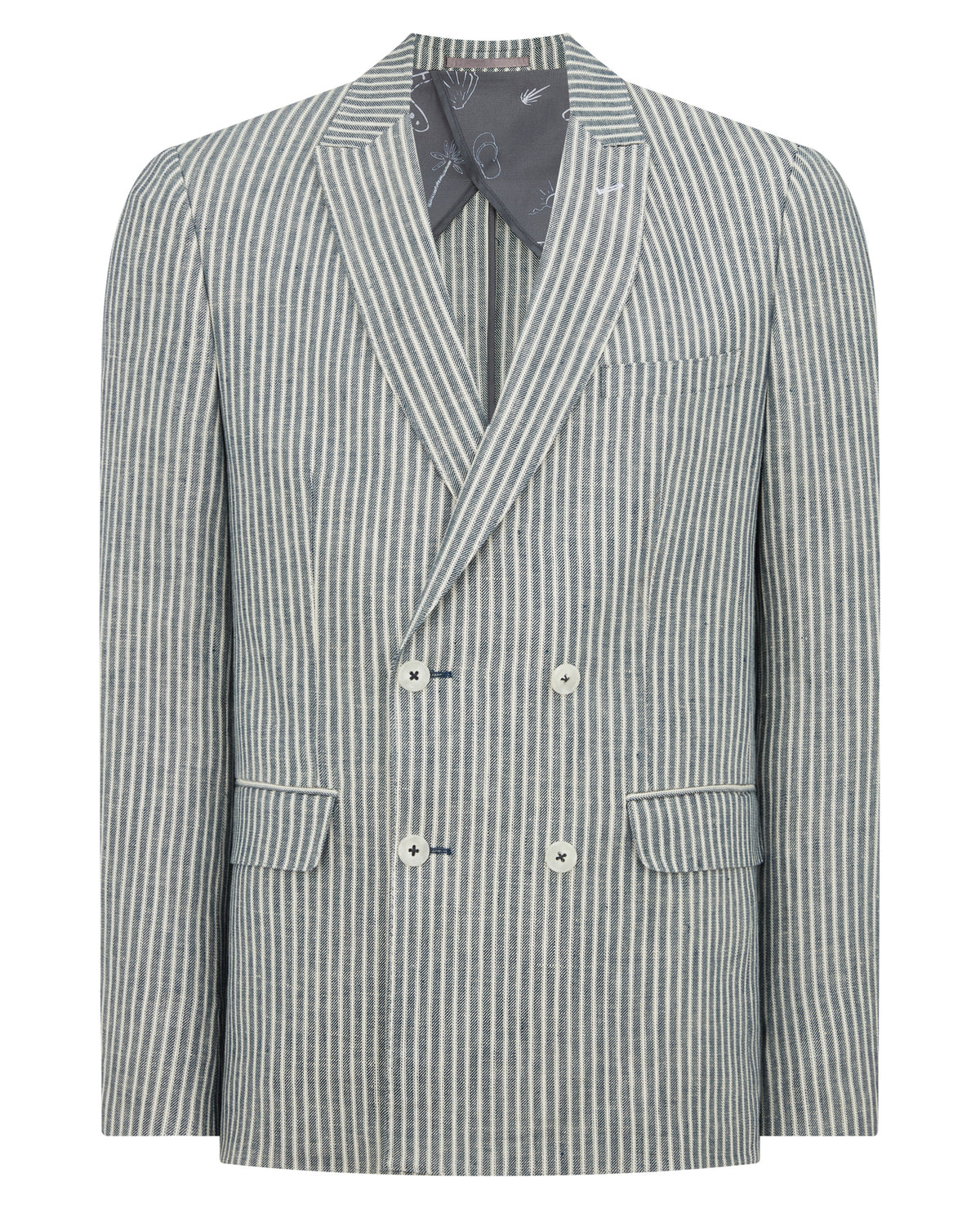 Man wearing a navy Slim Fit Linen-Blend Double-Breasted Pinstripe Jacket